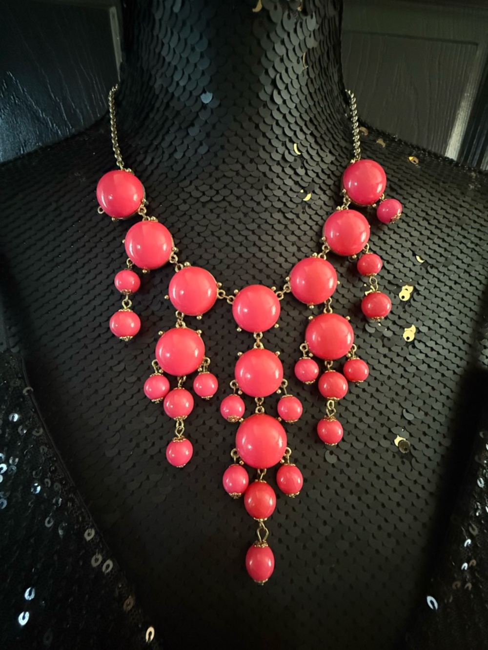 Vintage Y2K Bubble Pink Statement Bib Necklace With Gold Tone Chain